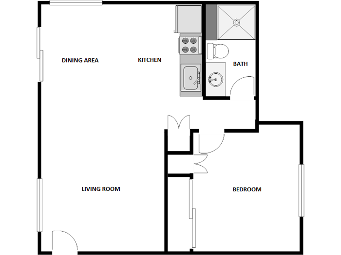 Floor plan for 1 bed, 1 bath, 500 sqft
